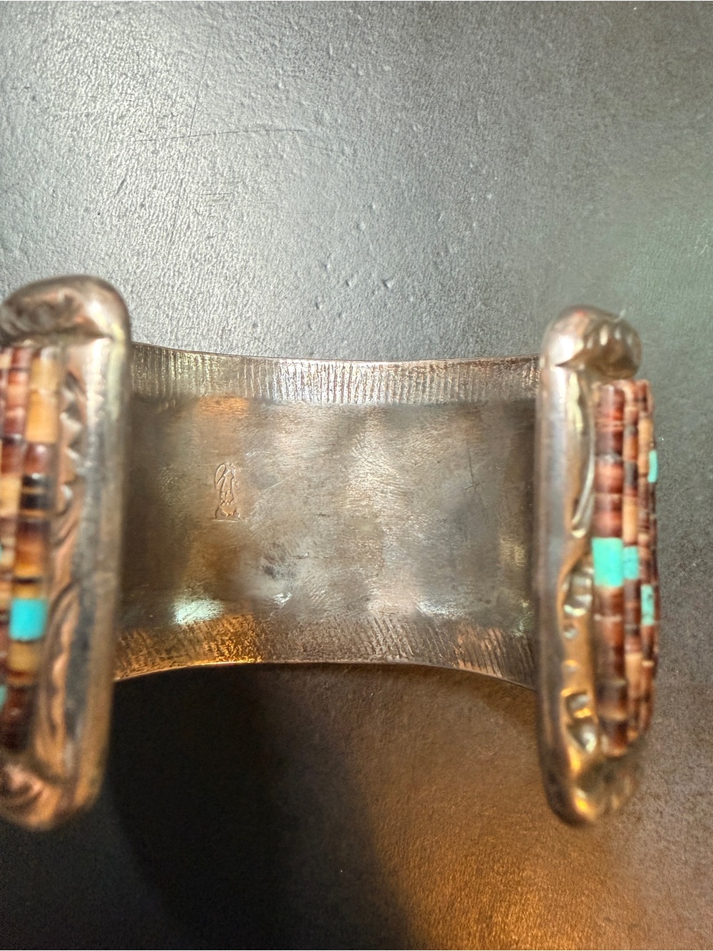 Native American Navajo Sterling Silver Penshell & Turquoise Heshi Cuff Bracelet - Picture 12 of 16